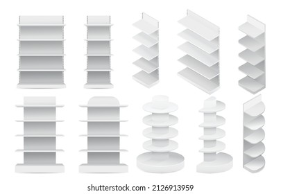 Set of white empty store shelves. Retail shelf rack. Showcase display. Empty market, shop or store shelf. Promotion stand mockup vector set