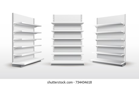 Set Of White Empty Store Shelves. Retail Shelf Rack. Showcase Display. Mockup Template Ready For Your Design. Vector Illustration. Isolated On White Background