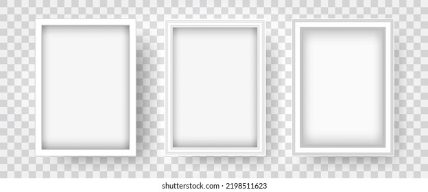 A set of white empty vertical frames, A4. Vector mockup of a white empty rectangular photo frames isolated on a transparent background.