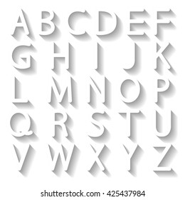 Set of white English letters with a long shadow, vector illustration.
