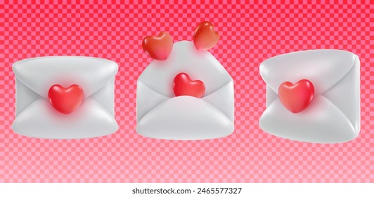 Set white envelope with red heart in cute realistic 3d style. Romantic bright message letter. Valentines day design element. Vector illustration isolated on transparent background.