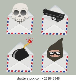 Set of white Envelope with Skull,gun,bomb and Thief inside isolated on grey background