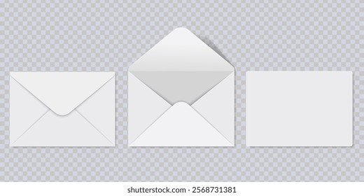 Set of white envelopes. Blank open and closed envelopes mockup. Empty template for branding identity design, mail presentation, for office messages or documents sending. Realistic vector illustration