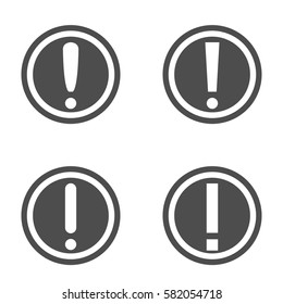 Set of white exclamation mark notification alert error hazard popup button icons on grey circles with white outlines on a white background trendy minimalistic flat isolated design vector illustration