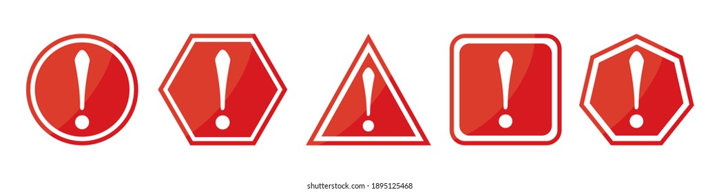 Set of white exclamation signs on red symbol isolated on white background. vector illustration. Round, square pentagon, star and triangle caution signs.