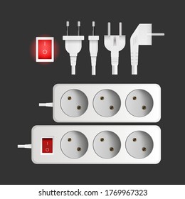 A set of white extension cords with three outlets. Plug for socket. Realistic style Vector.