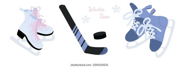 Set of white figure skates, hockey stick and puck, blue sport male hockey skates on white background. Winter ice sport activities. Hand drawn vector illustration in flat style. Male and female skates