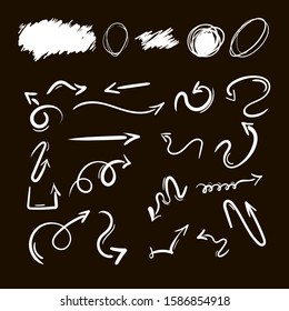 Set of white filigree curved hand drawn arrows. Vector illustration isolated on black background. vector. Doodle sketch style. Collection of pointers