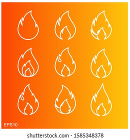 A set of white fire flame outline icons.vector illustration