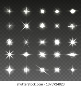 Set of white flashes of light isolated on transparent background. Solar flare with rays and searchlight. Glow effect. Vector illustration
