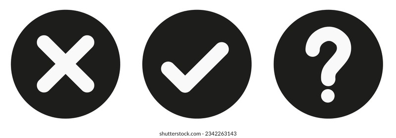 A set of white flat checks and crosses and a question mark in a dark circle. Vector graphics. ESP 10.