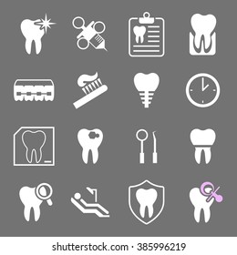 Set of white flat dental icons. Types of dental clinic services, equipment for dental care, dental treatment and prosthetics. Children's dentistry. Vector illustration 