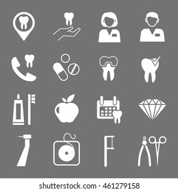 Set of white flat dental icons. Types of dental clinic services, equipment for dental care, dental treatment and prosthetics. Children's dentistry. Vector illustration