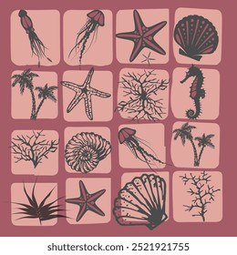 Set of white flat icons marine life on the black background. Vector illustration.