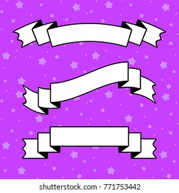 Set of white flat insulated ribbon banner with a black outline on a purple background
