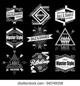 Set of white flat, lane hipster vintage retro labels, stamps, signs, marks and calligraphy, text and stickers for web, abstract banners, sale and shares, cafe stamps and music advertising, traveling