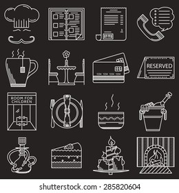Set of white flat line design vector icons for elements of restaurant service on black background.
