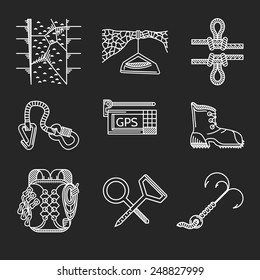 Set of white flat line vector icons for outfit and equipment for rappelling, rock climbing on black background.