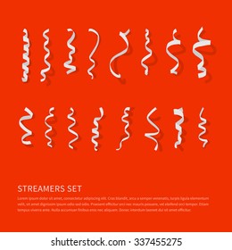 Set of white flat streamers isolated on red background. Carnival party serpentine decoration for your banner and greeting card design. Paper ribbons