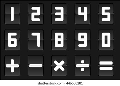 Set of white flip number and math symbol on black background