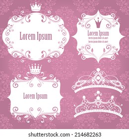 set of white floral frames with crowns isolated on pink purple damask. design elements for little princess, glamour girl and woman. can use for birthday card, wedding invitations. vector illustration.