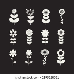 Set of White Flowers and Leafs on black background Vector Illustration
