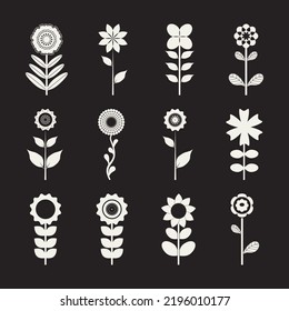 Juego de flores y hojas blancas en la ilustración de vectores de fondo negro