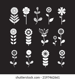  Set of White Flowers and Leafs on black background Vector Illustration