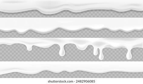 Conjunto De Texturas De Crema Fluida Blanca Aislada Sobre Fondo Transparente. Imagen de Vector 3d realista muestra goteos cremosos