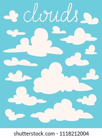 Set of white fluffy cartoon clouds on blue background. Vector illustration in flat style. Elements for your design, artwork, scene, website. Different nature cloudscape weather symbols. Silhouettes.