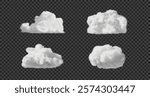 Set of white fluffy clouds, fog or smoke on sky. Realistic vector steam clouds isolated on transparent background