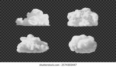 Set of white fluffy clouds, fog or smoke on sky. Realistic vector steam clouds isolated on transparent background