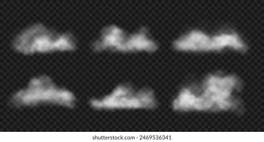 Set of white fluffy steam, haze clouds. Isolated puffs of smoke in different shapes. Vector illustration