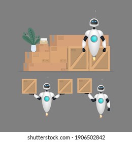 Set of White flying robots with boxes. Delivery and trucking concept. Realistic style. Vector illustration.
