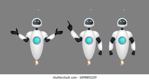 Set of white flying robots. Chat bots. Good for app and game design. Realistic style. Vector.