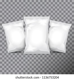 Set of white foil bag packaging for food, snack, coffee, cocoa, sweets, crackers, nuts, chips. Vector plastic pack template set for your design