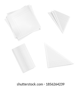 Set of white folded napkins square rectangular triangular isolated on white background. Realistic white paper napkins for table setting. 3d vector illustration