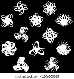 Set of white fractals for logos on black background.