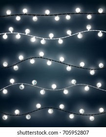 Set of white garland style christmas lights on the dark blue background. Vector design of outdoor patio incandescent light strings.