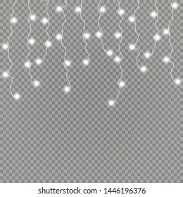 Set of white garlands, festive decorations. Glowing christmas lights isolated on transparent background.