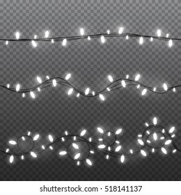 Set of white garlands, festive decorations. Glowing christmas lights isolated on transparent background. Vector seamless horizontal objects. 