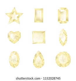 Set of white gemstones. Vector illustration of diamonds different cutting of stones shaped heart, star, square, rectangle, oval, round, marquise, pear, drop