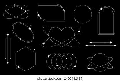 Set of white geometric aesthetic abstract line frames and shapes with stars boho, brutalism, Y2K style. Geometric elements with sparkles for template design social media, poster, banner, logo, sticker