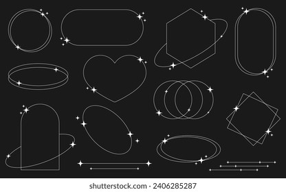 Set of white geometric aesthetic abstract line frames and shapes with stars boho, brutalism, Y2K style. Geometric elements with sparkles for template design social media, poster, banner, logo, sticker
