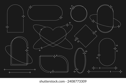 Set of white geometric aesthetic abstract line frames and shapes with stars boho, brutalism, Y2K style. Geometric elements with sparkles for template design social media, poster, banner, logo, sticker