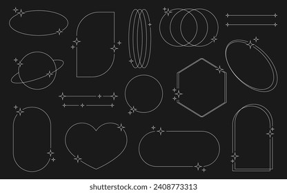 Set of white geometric aesthetic abstract line frames and shapes with stars boho, brutalism, Y2K style. Geometric elements with sparkles for template design social media, poster, banner, logo, sticker