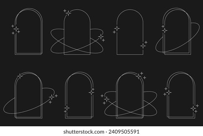 Set of white geometric aesthetic abstract line frames and shapes with stars boho, brutalism, Y2K style. Geometric elements with sparkles for template design social media, poster, banner, logo, sticker