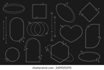 Set of white geometric aesthetic abstract line frames and shapes with stars boho, brutalism, Y2K style. Geometric elements with sparkles for template design social media, poster, banner, logo, sticker