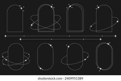 Satz von weißen geometrischen ästhetischen abstrakten Linien Rahmen und Formen mit Sternen boho, brutalismus, Y2K-Stil. Geometrische Elemente mit Funken für die Gestaltung sozialer Vorlagen, Poster, Banner, Logo, Aufkleber