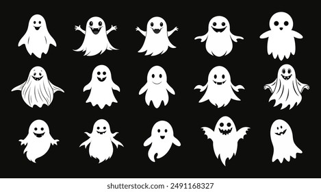 Set of White Ghost Silhouettes isolated on Black Background. Cute Spooky Spirit Concepts. Child-Friendly Halloween Icons. Print, design elements.